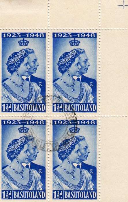 BASUTHOLAND 1948: ROYAL SILVER WEDDING 1 1/2d CORNER BLOCK OF 4 CTO (SACC36)
