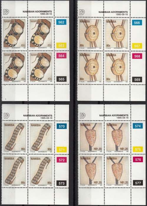 NAMIBIA  1995: NAMIBIAN ADORNMENTS FULL SET CONTROL BLOCKS OF 4 MNH (SACC 134-137)