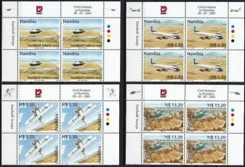 NAMIBIA 2001: CIVIL AVIATION IN NAMIBIA FULL SET CONTROL BLOCKS OF 4 MNH (SACC 351-354)