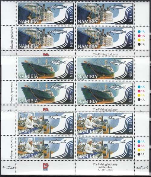 NAMIBIA 2004: FISHING INDUSTRY FULL SET CONTROL BLOCKS OF 4 MNH (SACC 454-456)