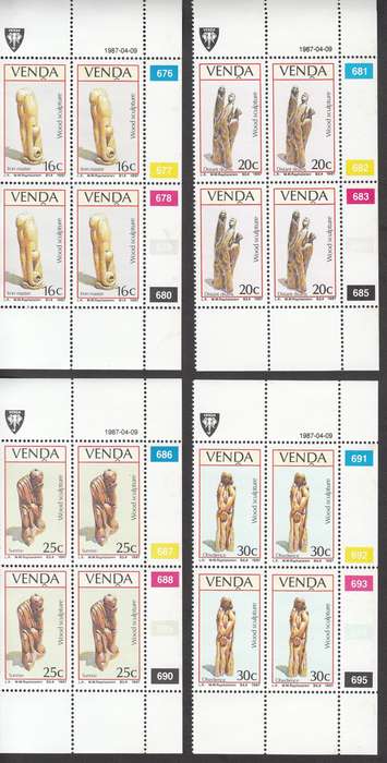 VENDA 1987: WOOD SCULPTURES FULL SET CONTROL BLOCKS MNH (SACC 156-159)