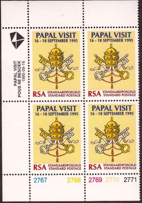 RSA 1995: PAPAL VISIT CONTROL BLOCK OF 4 MNH (SACC 913)
