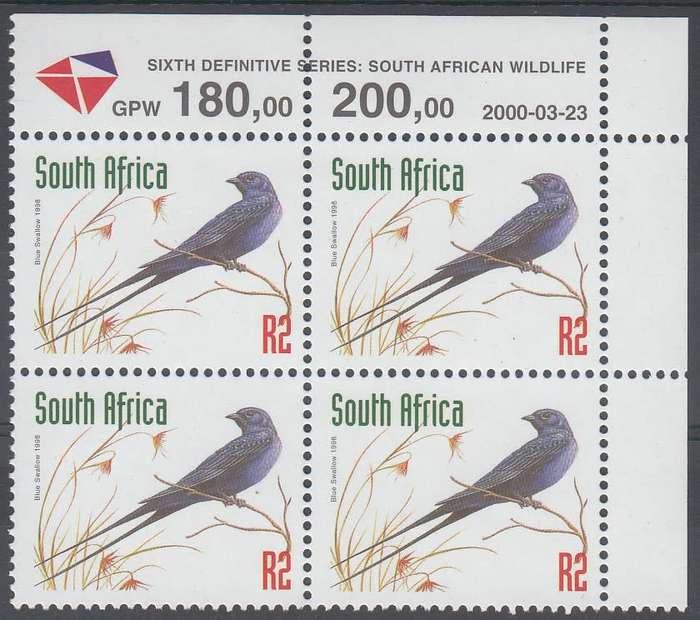RSA 2000 REDRAWN 6th DEFINITIVE THREATENED FAUNA R2 MNH CONTROL BLOCK DATED 23/3/2000 (SACC1167b)