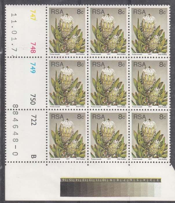 RSA 1977: 3rd DEFINITIVE ISSUE 8c CONTROL BLOCK OF 9 PANE B  (11.1.77) MNH (SACC425)