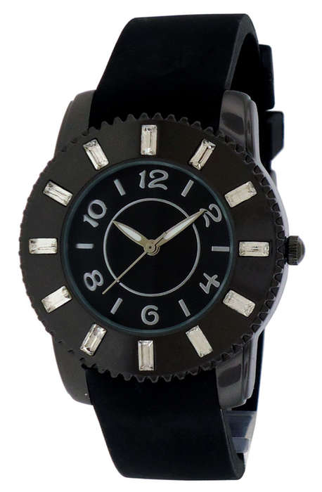 **NEW** FMD (By FOSSIL) Black Rubber Crystal Accented Ladies Quartz Dress Watch