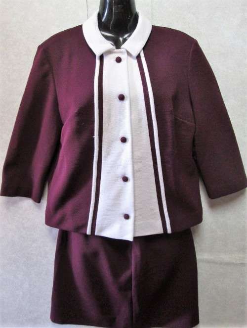 Vintage Maroon & White Crimplene Two Piece, Mini Skirt - Size 36 (Waist 62cm)