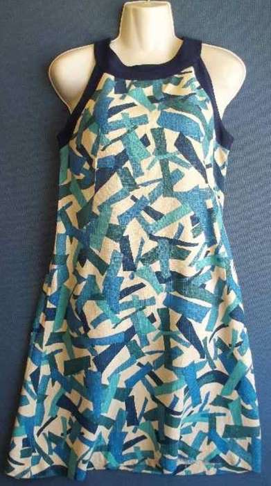 Vintage Blue Patterned Thick Cotton Dress - Chest 86cm (A Little Wear To The Hem, See Ad)