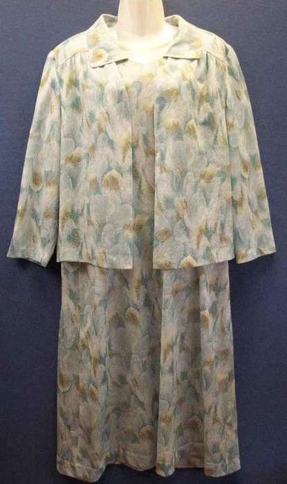 Vintage Light Green Patterned Polyester Two Piece - Size 42