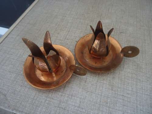 RHODESIAN COPPER CANDLE HOLDERS WITH PENNY HANDLES - A PAIR AND AN EXTRA!