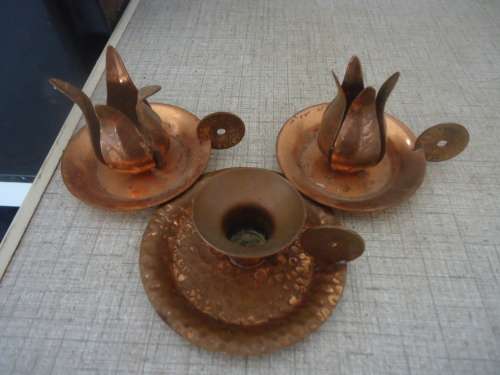 RHODESIAN COPPER CANDLE HOLDERS WITH PENNY HANDLES - A PAIR AND AN EXTRA!