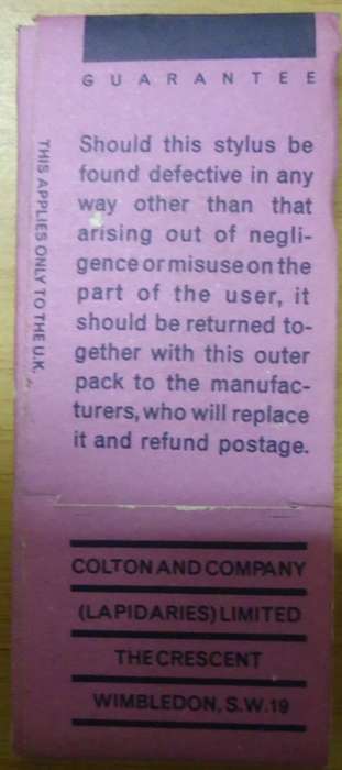 TELEFUNKEN A20/2 STEREO STD CARTRIDGE RECORD PLAYER NEEDLE - COLTON STYLUS - MADE IN ENGLAND