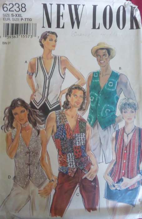 NEW LOOK PATTERNS 6238  WAISTCOAT FIVE SIZES IN ONE S - XXL COMPLETE