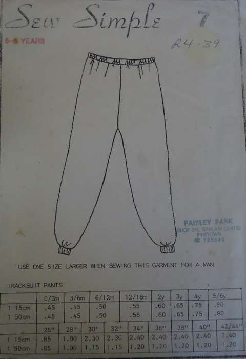 SEW SIMPLE PATTERNS # 7  TRACKSUIT PANTS  SIZE 28` OR 72 CM