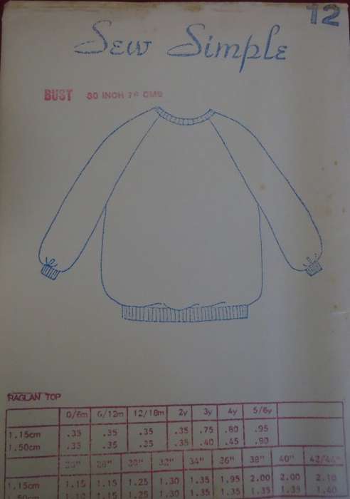 SEW SIMPLE PATTERNS #12  RAGLAN TOP  SIZE 30` OR 76 CM