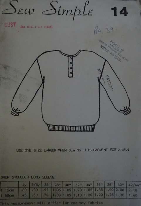 SEW SIMPLE PATTERNS #14  DROP SHOULDER LONG SLEEVE TOP SIZE  36` or 92 CM