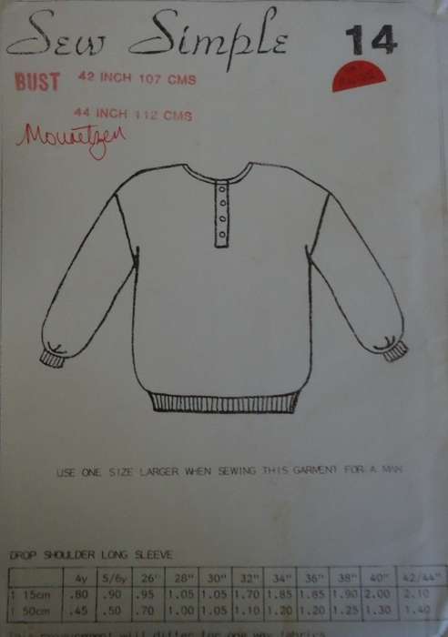 SEW SIMPLE PATTERNS 14 DROP SHOULDER LONG SLEEVE TOP SIZE  40" or 102 CM