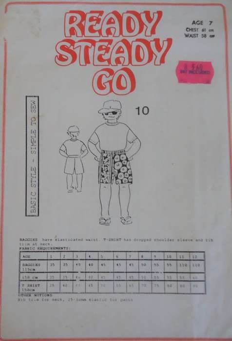 READY-STEADY-GO PATTERN-NUMBER 10  BAGGIES & DROPPED SHOULDER T SHIRT AGE 8 YEARS CHEST 63 CM