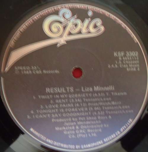 LIZA MINNELLI - RESULTS - 1989 EPIC VINYL LP -KSF 3302 - PRODUCED BY THE PET SHOP BOYS