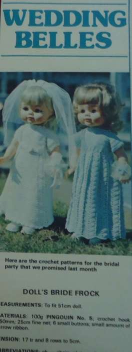 LIVING & LOVING-AUGUST 1977-DOLL PATTERN- WEDDING BELLES-BRIDAL FLOCK -BRIDE`S MAID DRESS-51 CM DOLL