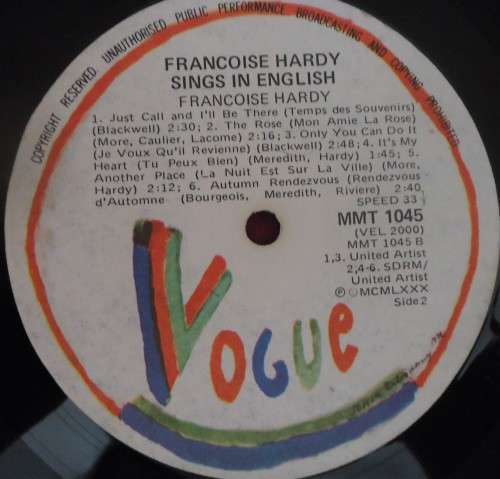 FRANCOIS HARDY IN ENGLISH -1980 VOGUE VINYL LP MMT 1045 - VERY CLEAN