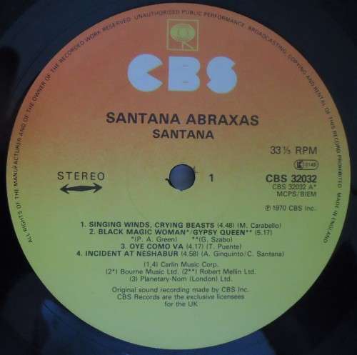 SANTANA - ABRAXAS - UK ISSUE 1970 CBS VINYL  LP - CBS 32032