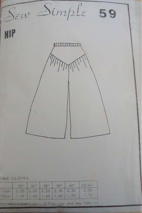 SEW SIMPLE PATTERNS # 59 BASQUE CULOTTES SIZE  HIP 38` OR 97 CM