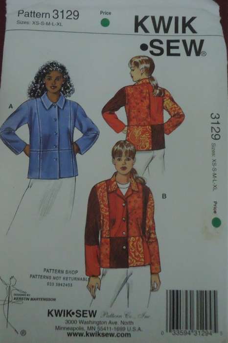 KWIK SEW PATTERNS 3129 LADIES JACKET -SIZES X-SMALL-SMALL-MEDIUM-LARGE-XLARGE-COMPLETE-UNCUT-F/FOLDE