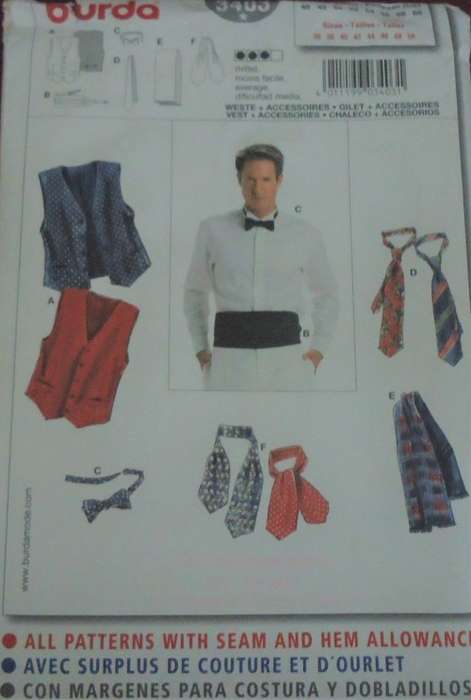 BURDA PATTERN 3403  MEN'S WAISTCOAT-ACCESSORIES SIZE 36-38-40-42-44-46-48-50  COMPLETE-UNCUT-F/FOLD