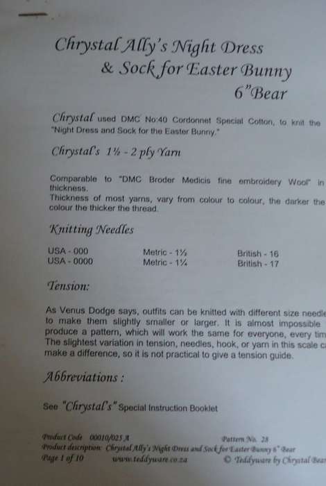 CHRYSTAL ALLY`S NIGHT DRESS & SOCK FOR EASTER BUNNY 6` BEAR- KNITTING  PATTERN & INSTRUCTIONS