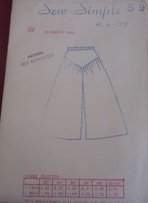SEW SIMPLE PATTERNS  59 BASQUE CULOTTES SIZE 34 BUST 87 CM