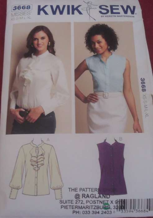 KWIK SEW PATTERN 3668 MANDARIN COLLAR BLOUSE W/OUT RUFFLE SIZE XS-S-M-L-XL COMPLETE-cut to size XL