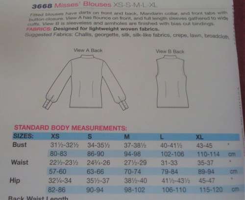 KWIK SEW PATTERN 3668 MANDARIN COLLAR BLOUSE W/OUT RUFFLE SIZE XS-S-M-L-XL COMPLETE-cut to size XL