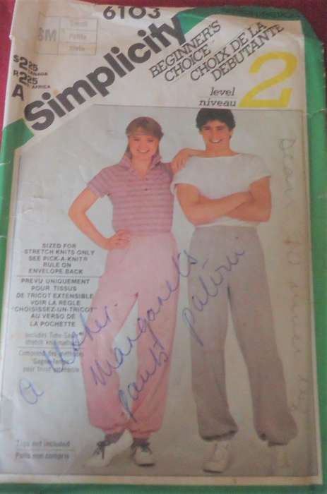 SIMPLICITY 6103 UNISEX PULL ON PANTS (TRACKSUIT BOTTOMS)  SIZE SMALL ( 71-76 CM WAIST) COMPLETE
