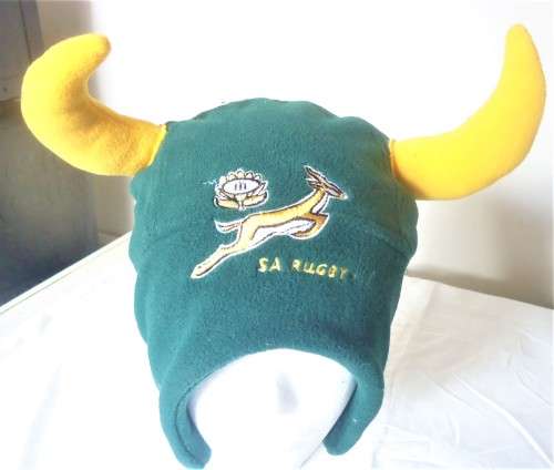 SA RUGBY HELMET (WITH GOLD HORNS)  - SPRINGBOK LOGO -OFFICIAL LICENSED PRODUCT