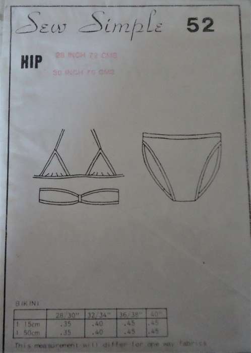 SEW SIMPLE PATTERNS #52  BIKINI SIZE HIP 36` OR 92 CM COMPLETE