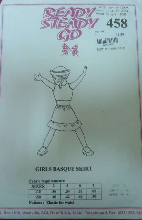 READY-STEADY-GO PATTERN-458 - GIRLS BASQUE SKIRT AGE 8 YEARS CHEST 63 CM