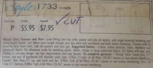 STYLE 1733 SHIRT-PANTS-SKIRT SIZE 6 - 16 COMPLETE-CUT TO 16 ZIPLOC