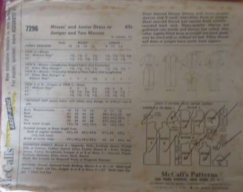 VINTAGE McCalls 7296 DRESS OR PINAFORE 2 BLOUSES-SIZE 14 BUST 34 COMPLETE ZIPLOC