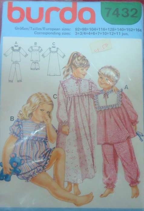 BURDA PATTERN7432 GIRLS PJS and NIGHTGOWN SIZES 13-3/4-4-6-7-10-12-11J COMPLETE-UNCUT-F/FOLDED