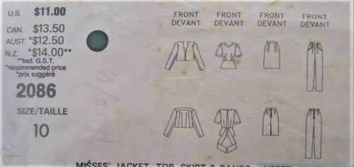 VOGUE 2086 BETTY JACKSON-JACKET-TOP-SKIRT-PANTS SIZE 10 COMPLETE-ZIPLOC BAG