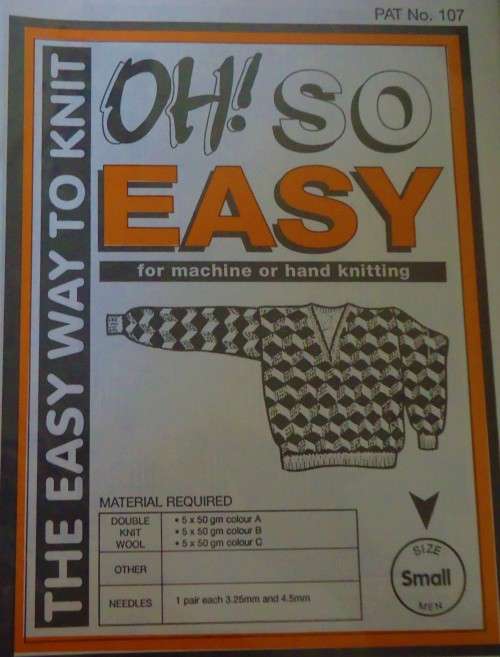 OH SO EASY KNITTING 107 HAND OR MACHINE V NECK DROP SHOULDER SWEATER WITH BLOCKS SMALL MEN 97 CM