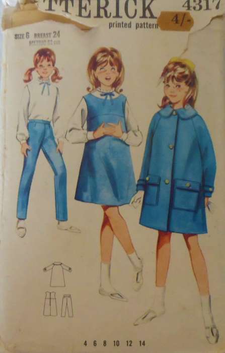VINTAGE BUTTERICK 4317 GIRLS COAT-PINAFORE-PANTS SIZE 6 YEARS BREAST 24"  COMPLETE