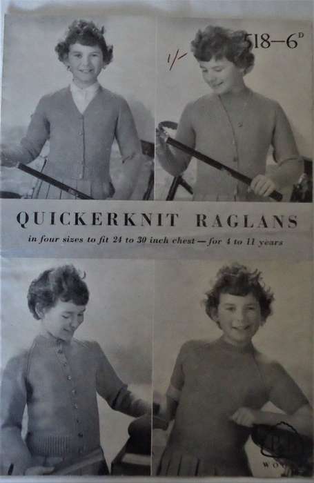 PATONS P & B WOOLS 518  QUICKERKNIT RAGLANS IN FOUR SIZES TO FIT 24`-30` FOR 4 - 11 YRS 8 A5 PAGES
