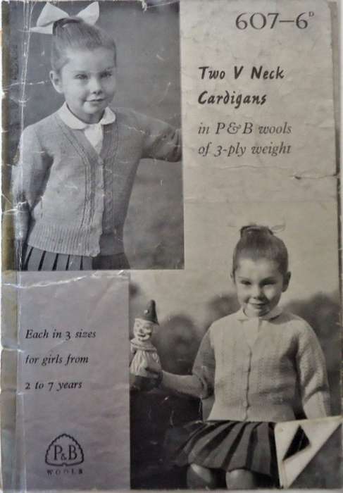 PATONS P & B WOOLS 607  2 V NECK CARDIGANS FOR GIRLS FROM 2 - 7 YEARS 8 A5 PAGES