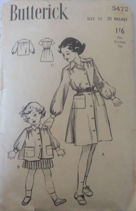 V/VINTAGE BUTTERICK PATTERN 5472 GIRL`S BLOUSE & DRESS SIZE 10 YEARS BREAST 28`  COMPLETE-ZIPLOC BAG