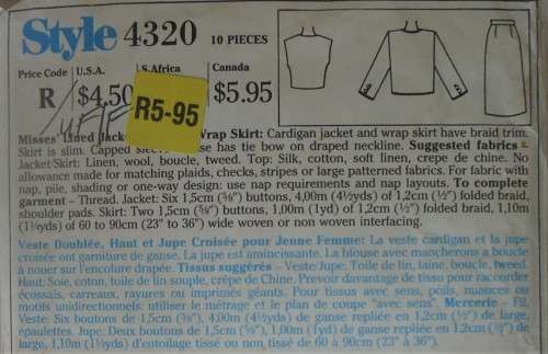 STYLE 4320 LINED JACKET-TOP-WRAP SKIRT SIZE 10-12-14 COMPLETE-UNCUT-F/FOLDED