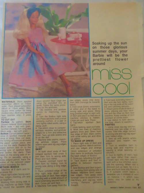 BARBIE- MISS COOL - DRESS WITH PATTERN TO MAKE- WOMEN`S VALUE JANUARY 19851975