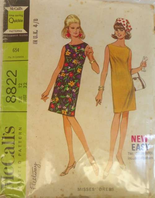 VINTAGE McCALLS 8822  DRESS SIZE 12 BUST 32 COMPLETE - ZIPLOC BAG