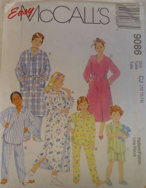 McCALLS 9086  KIDS ROBE-NIGHTSHIRT-TOP-PULL ON PANTS-SHORTS SIZE 10-12-14 YEARS COMPLETE