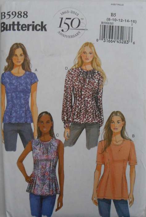 BUTTERICK B5988 SET OF TOPS SIZE B5 8-10-12-14-16-18 COMPLETE-UNCUT-F/FOLDED